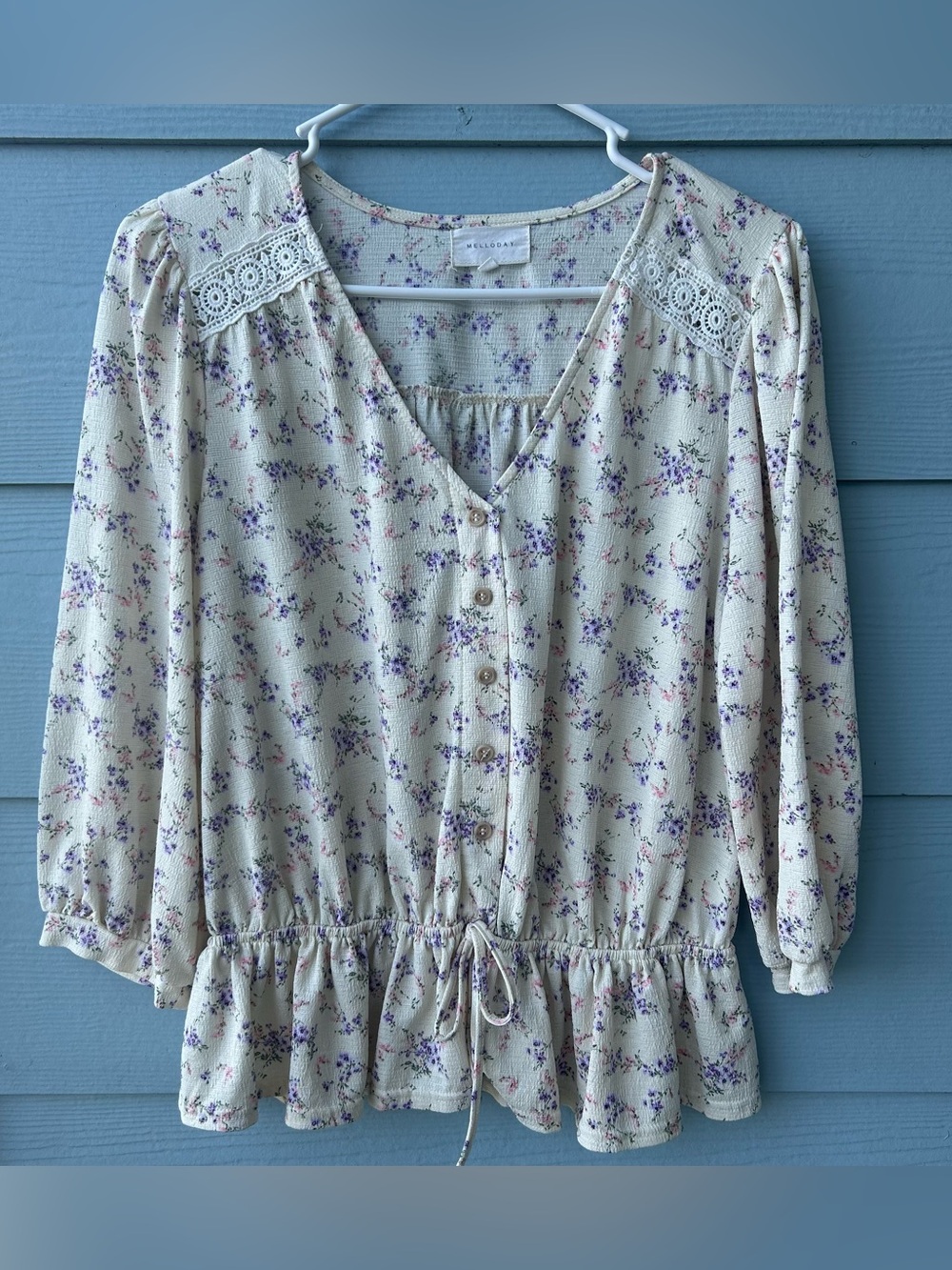 Anthropologie’s Melloday Floral Button-Up Blouse With Tie Waist & 3/4” Sleeves